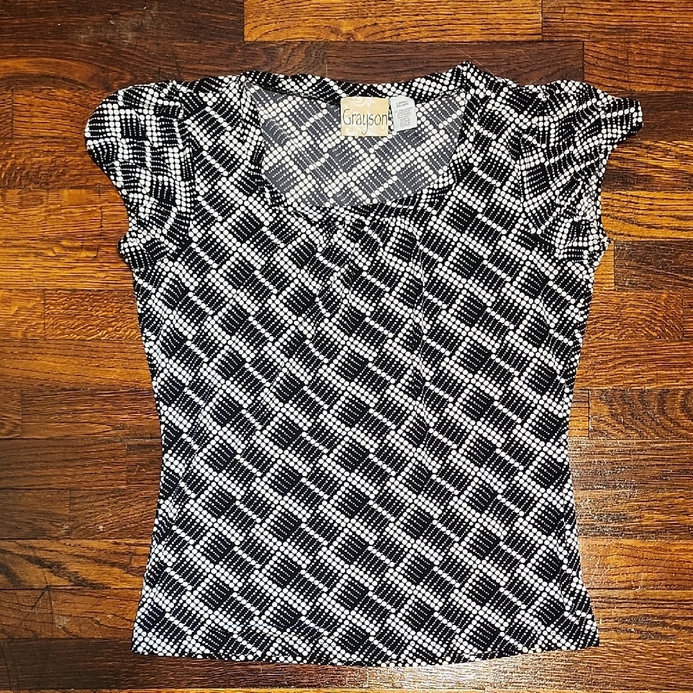 Grayson Black and White Abstract Geometric Cap Sleeve Women's Blouse Size Large